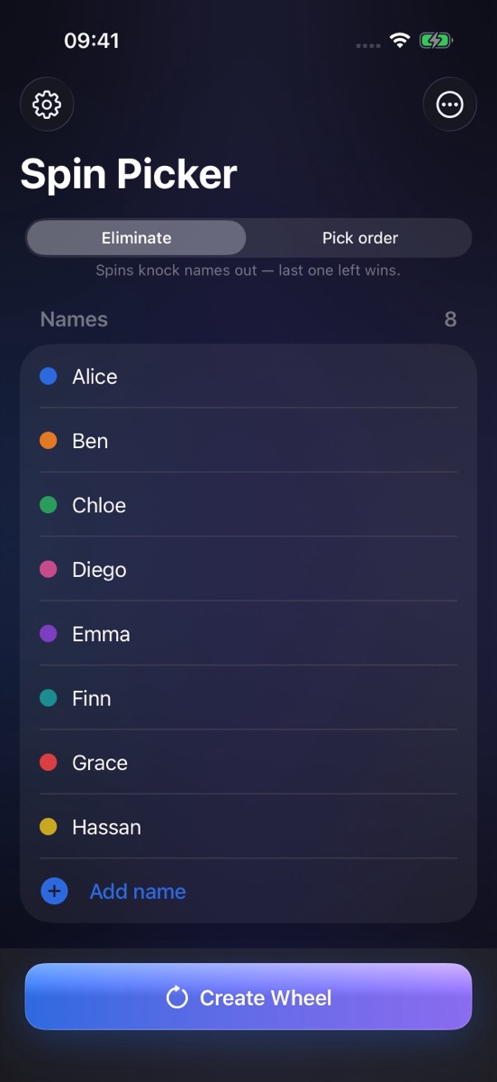 Name entry screen with a list of colour-coded names