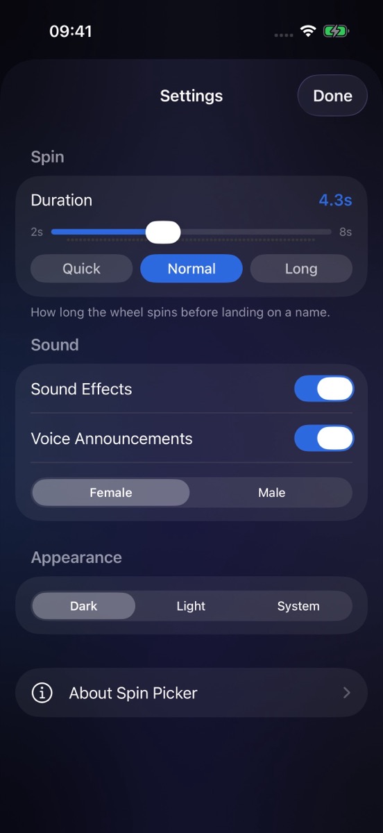 Settings: spin duration, sound and voice toggles, theme