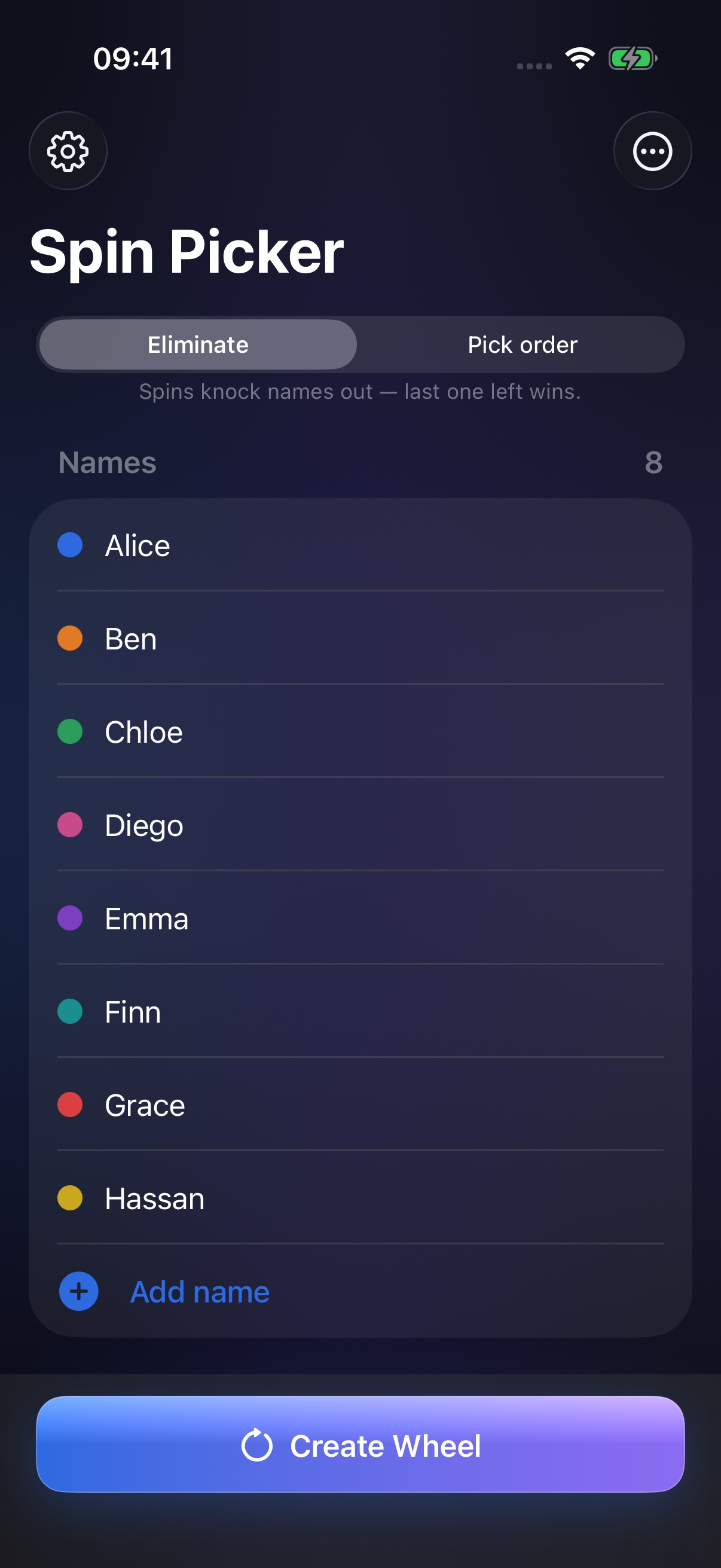 Entry screen with a color-coded list of eight names