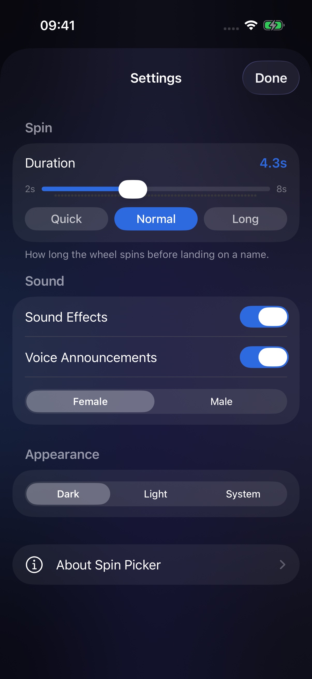 Settings: spin duration with presets, sound and voice options, appearance