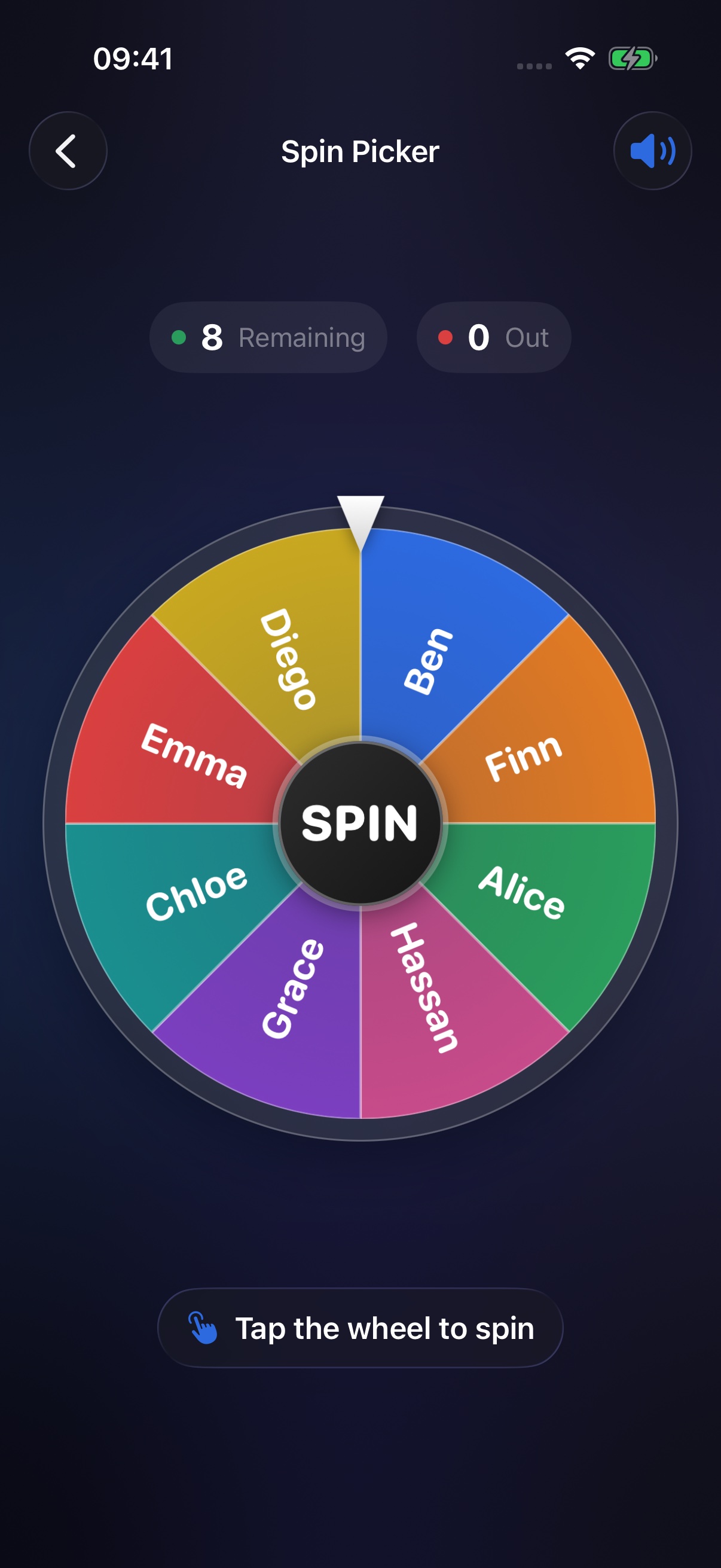 Idle wheel with eight glossy slices and a pulsing SPIN hub