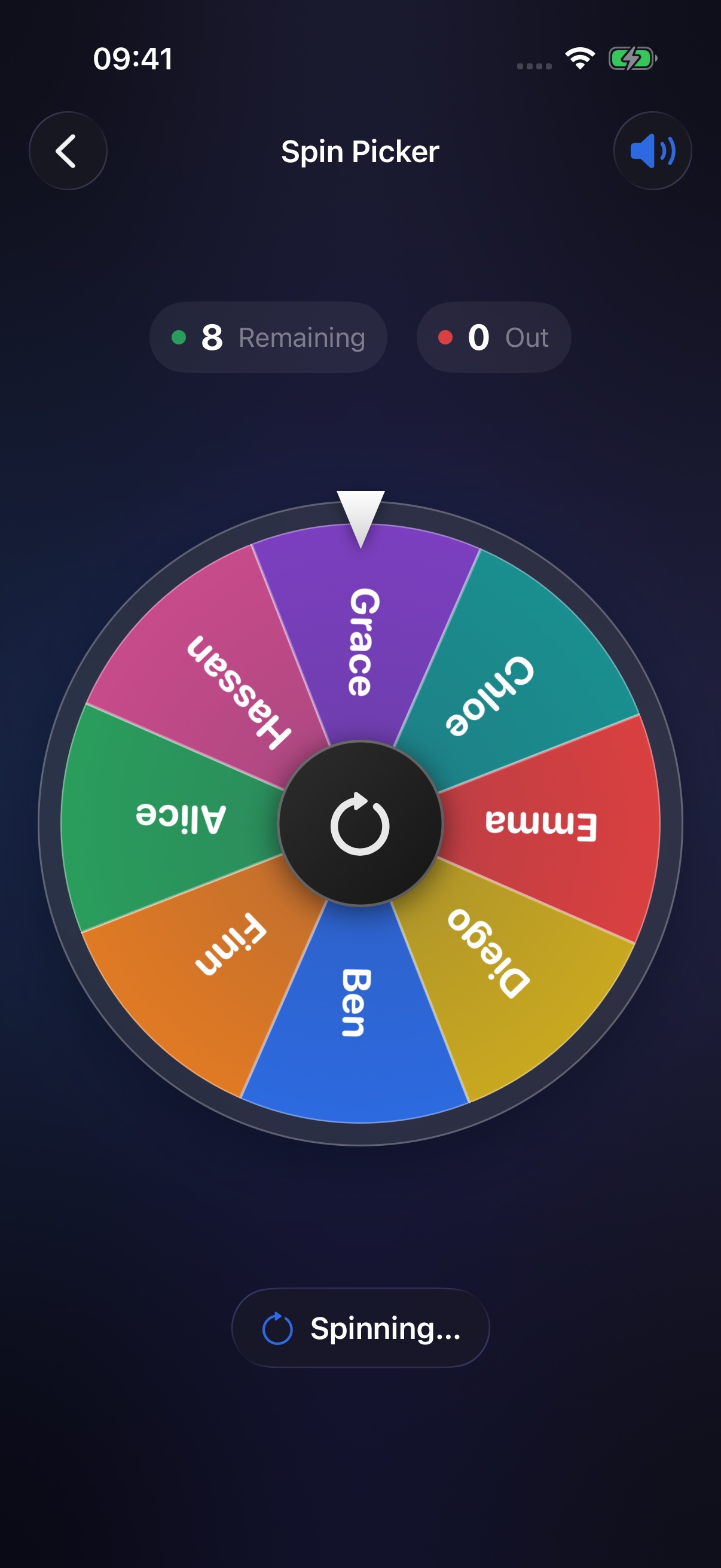 The wheel mid-spin with the hub arrow turning