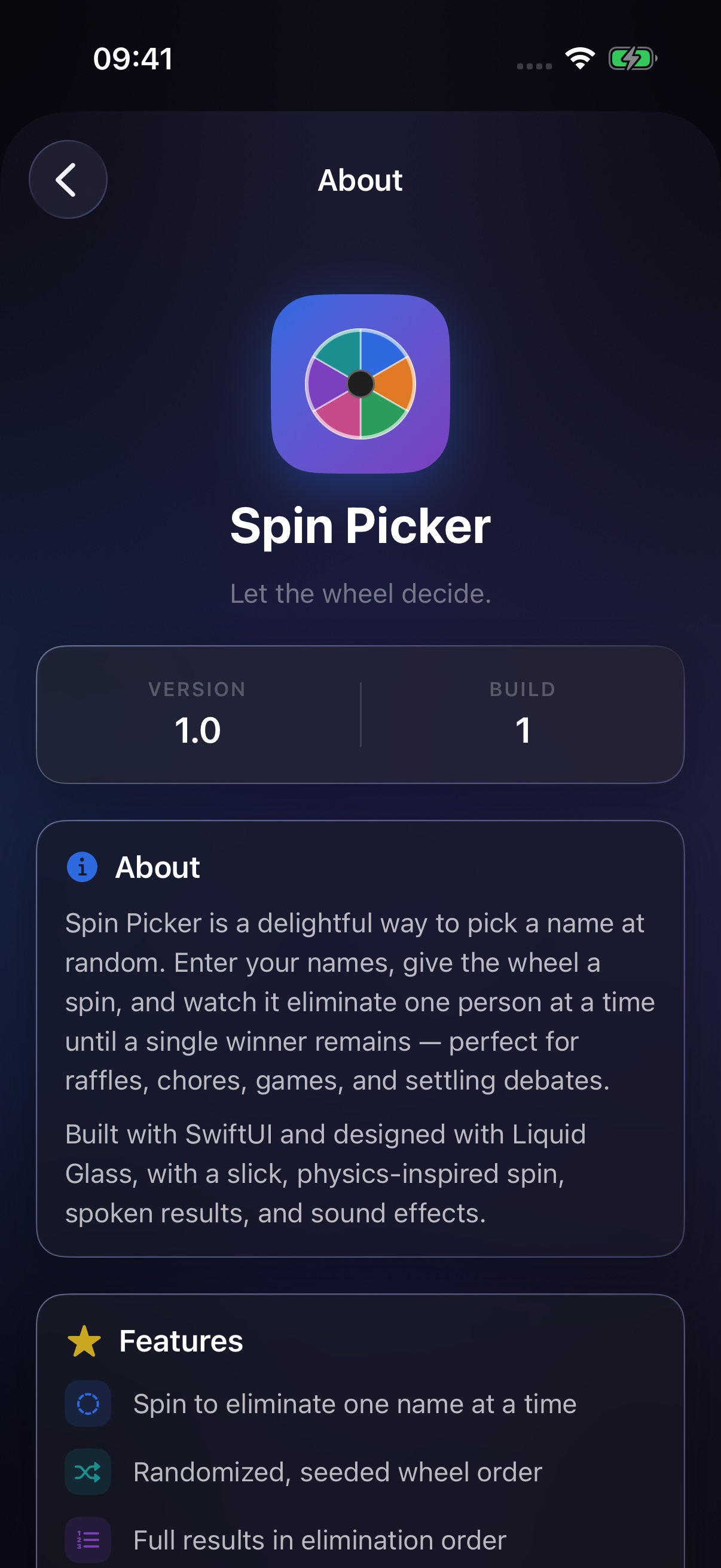 About screen: version, description and features